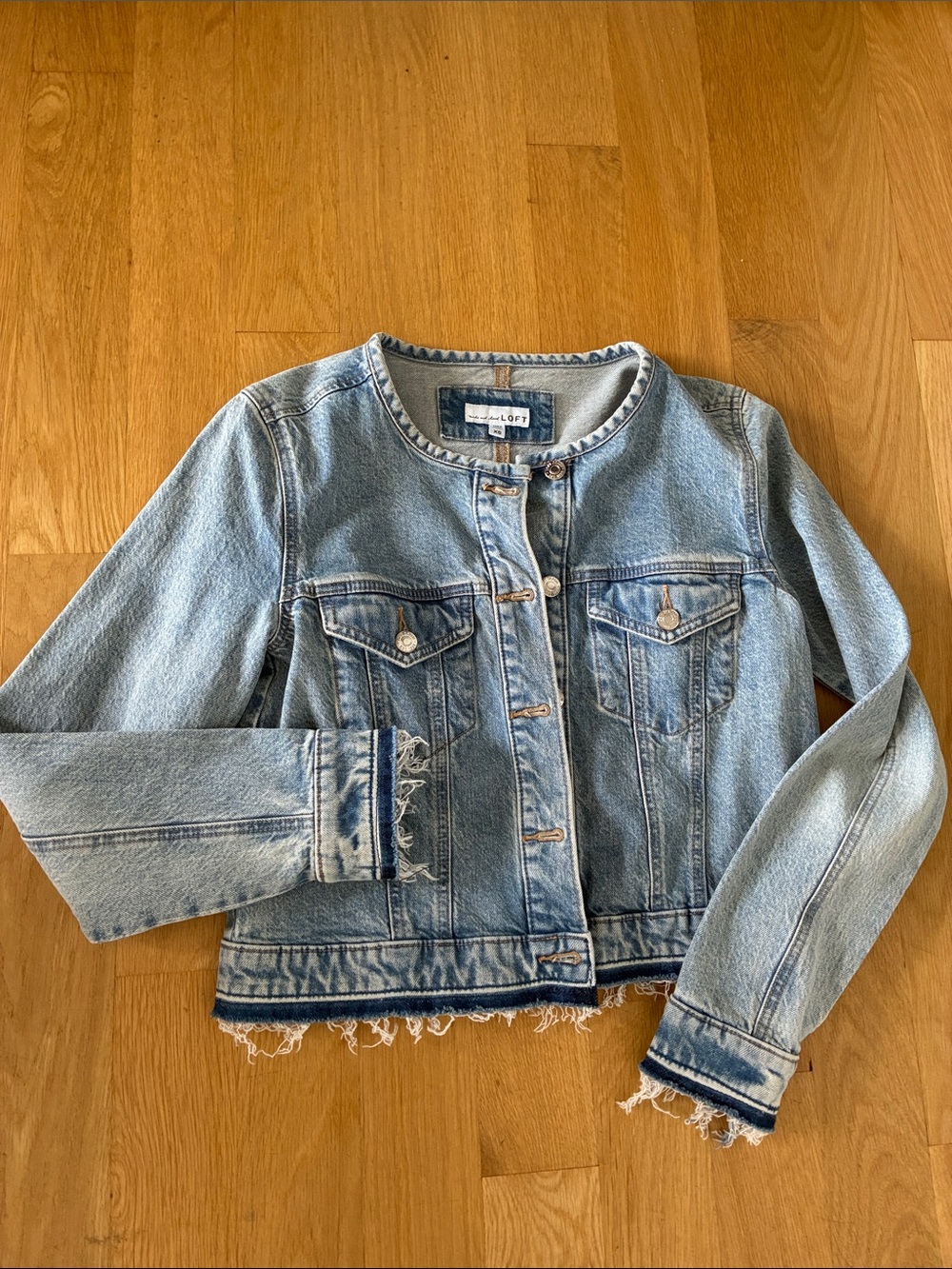 LOFT Light Blue Distressed Collarless Denim Jacket
